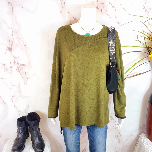 Zara Sweaters - Zara olive green black leather piping trim tunic